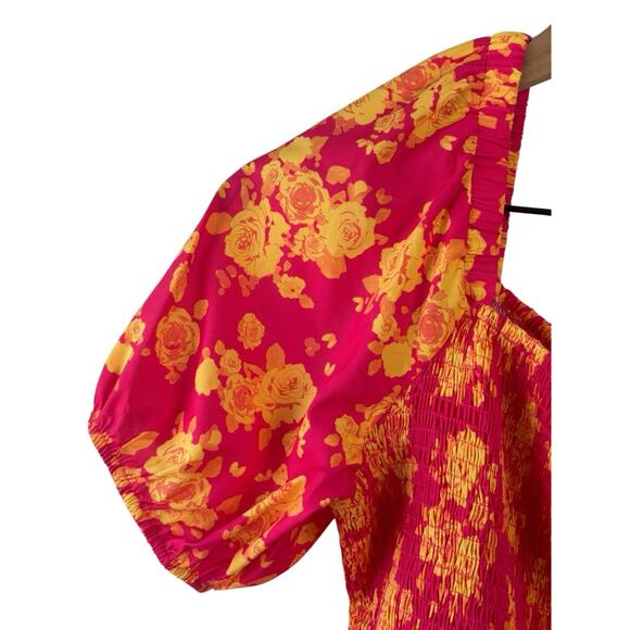 Anthropologie Jodifl Top Medium Orange Pink Smocked Puff Sleeve Cottagecore New - Picture 3 of 7